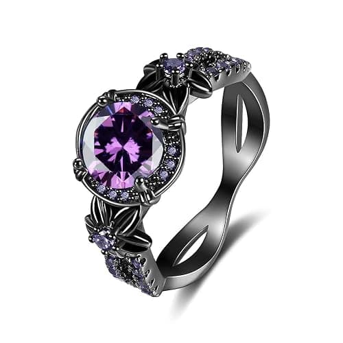 Tsnamer Gothic Black Rings for Women, Mystic Rainbow Topaz with Created Amethyst Flower Goth Black Gold Wedding Engagement Ring Size 6 to 11 - Image 1
