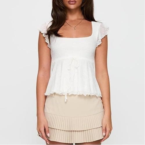 Women Lace Babydoll Tank Top Y2k Cap Sleeve Peplum Top Flowy Layered Ruffle Crop Cami Coquette Floral Going Out Shirt thumbnail 6