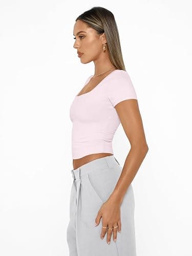 AUTOMET Womens Double Lined Short Sleeve Crop Top for Summer Going Out Workout Gym thumbnail 4
