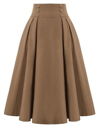 Belle Poque Women's Vintage High Waist Pleated Midi A-Line Skirt with Pockets thumbnail 2
