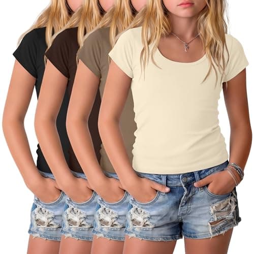 Oakgarden 4 Pack Girls Short Cap Sleeve T Shirts Scoop Neck Tops Kids Casual Slim Basic Summer Tees 5-14 Years(Brown, Cream, Coffee, Black,9-10 Years) - Image 1