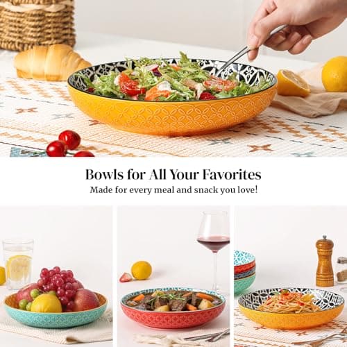 DOWAN 10" Vibrant Pasta, Salad & Soup Serving Bowls Set of 4, Embossed Large Porcelain Ceramic, Microwave & Dishwasher Safe, Bonita Design Dinnerware Dishes for Daily Dining, Family Gatherings, Party thumbnail 3