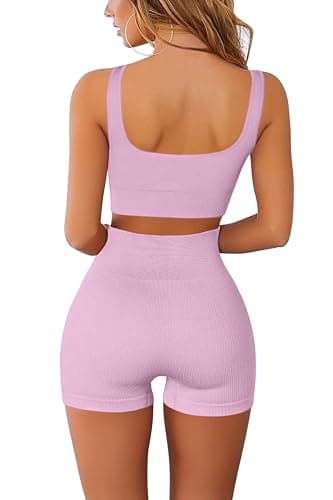 QINSEN Workout Sets for Women 2 Piece Seamless Ribbed Crop Tank High Waist Shorts Yoga Outfits - Small - Dusty Pink thumbnail 2
