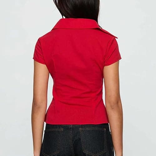 Women Y2k Short Sleeve Button Up Shirt Lapel Collar V Neck Plaid Open Front Blouse Basic Casual Going Out T-Shirt thumbnail 7