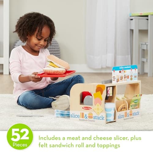 Melissa & Doug Slice-Stack-Serve, Wooden Sandwich Counter Pretend Play Store with Play Food Toys, Play Money & Deli Slicer, Preschool Toys for Kids 3+ thumbnail 4
