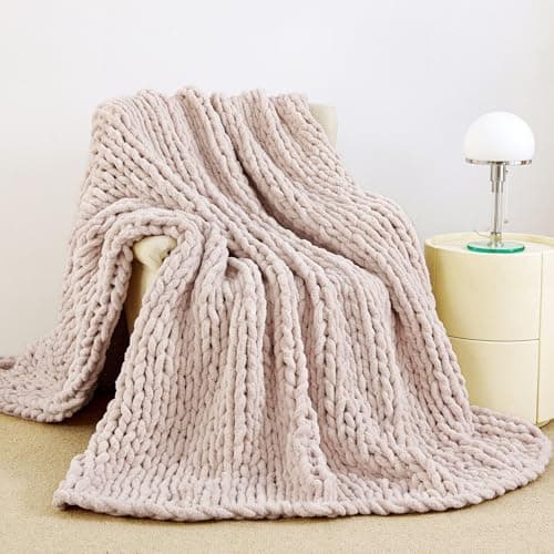 Admitrack Chunky Knit Blanket Throw, 100% Hand Knit Chenille Throw Blanket for Sofa & Home Decor, Soft and Cozy Knitted Throw Blankets (Pink，51"x63") thumbnail 2