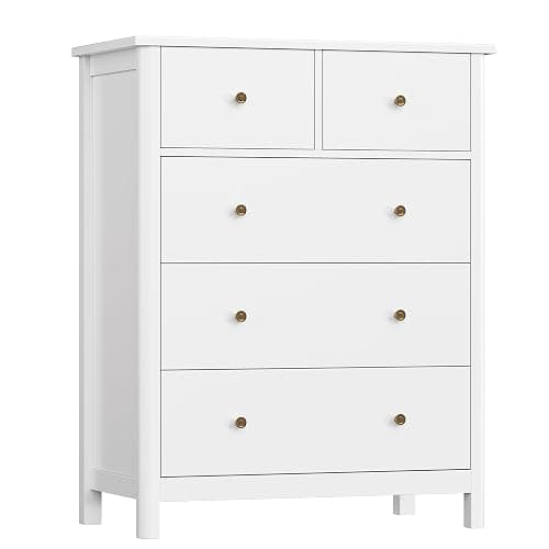 HOUSUIT White Dresser with 5 Drawers, Tall Chest of Drawers, 5 Drawer Dresser with Deep Space, Wood Storage Cabinet for Living Room, Hallway, Office, White - Image 1