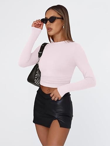 Trendy Queen Womens Long Sleeve Shirts Basic Tees Crop Tops Going Out Spring 2025 Workout Outfits Y2k Clothes - X-Small - Light Pink thumbnail 5