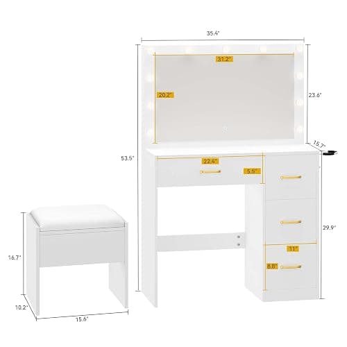 DWVO LED Makeup Vanity Table with 3 Light Modes, 4 Storage Drawers, Built-in Power Outlets & Hairdryer Holder, Dressing Table with Cushioned Stool thumbnail 2