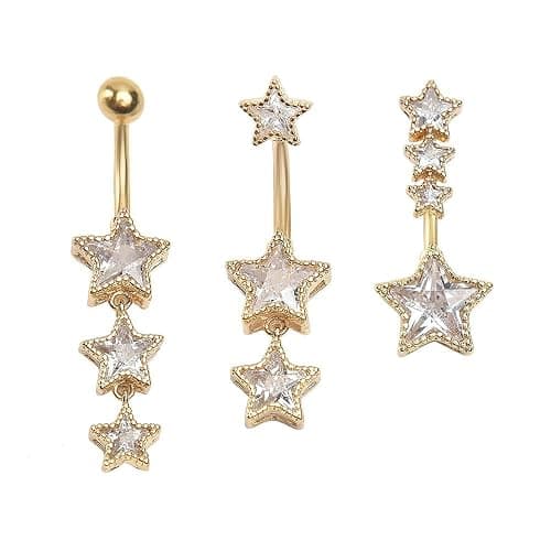 Niaspi 3Pcs 14G Stainless Steel Dangle Belly Button Rings Cubic Zirconia Heart Star Round Belly Navel Barbell Rings Belly Piercing Jewelry for Women - Image 1