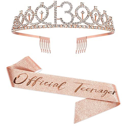 Tiara e Sash per Il 13° Compleanno, Diadema di Compleanno con Strass e Fascia per Adolescenti Ufficiale per Ragazze 13° Festa di Buon Compleanno Decorazioni Regalo Forniture Oro Rosa - Image 1