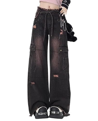 Lafaguw Women's Cargo Pants Low Waist Baggy Jeans Pocket Wide Leg Casual Trendy Streetwear Grunge Emo Clothes - Image 1