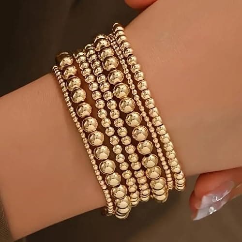Kysin Chiys Gold Beaded Bracelets Adjusatable 14K Gold Plated Stackable Bracelets Stretch Bead Ball Bracelet Set for Women 3MM 4MM 6MM 8MM Beads Jewelry thumbnail 2