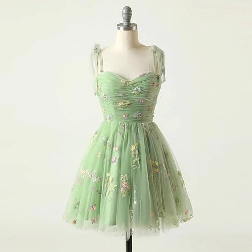 Women's Tie Strap Tulle Prom Dresses Sweetheart Flower Embroidery Dress Short Formal Party Mini Homecoming Dresses thumbnail 4