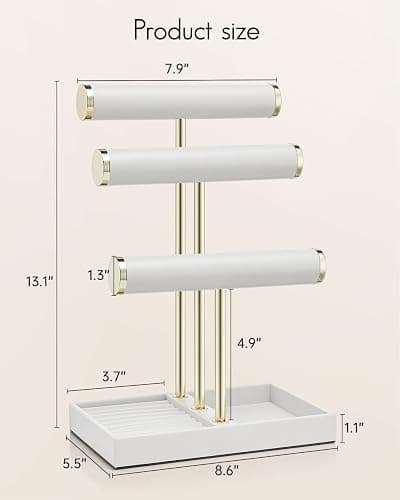 VLANDO 3 Tier Bracelet Holder Organizer with Tray - Leather Jewelry Stand Organizer for Women - Jewelry Holder Display for Necklace, Watches, Rings, Earrings, Bangle, Scrunchie - White thumbnail 2