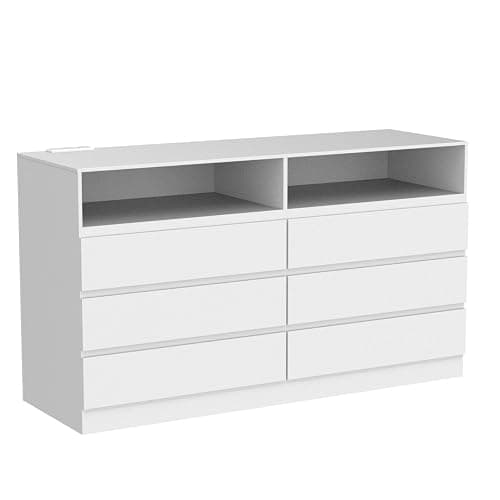 Gyfimoie 6 Drawer Double Dresser with Power Outlet, Accent Chests of Drawers with LED Light, Modern White Storage Dresser with Charging Station (Mirror Not Included) thumbnail 5