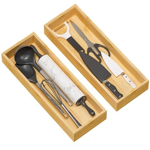 Greatseas Kitchen Drawer Organizer Tray, Stackable Bamboo Deep Drawer Organizer for Large Silverware, Utensils, Cutlery, Flatware,Junk Drawer, Dresser, Bathroom, 17" x 6" x 2.5" (Set of 2) - Image 1