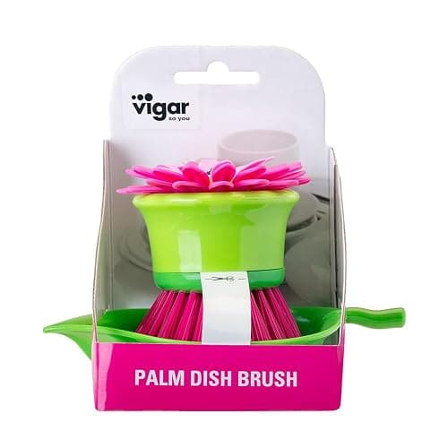Vigar Flower Power Palm Dish Scrub Brush with Holder - Pink, Green | Kitchen Brushes for Dishes, Sink Brush, Cleaning Brushes for Household Use thumbnail 5