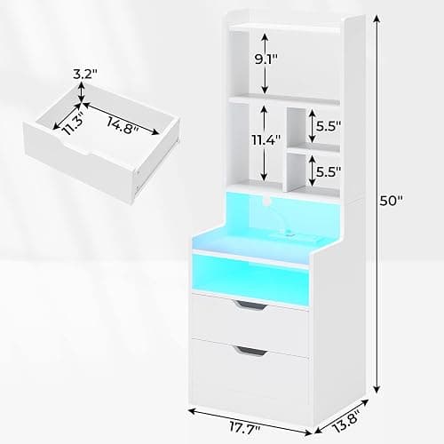 BTHFST Tall Nightstand with Charging Station and LED Lights, White LED Nightstand with Bookshelf, Bedside Table with Shelves and 2 Drawers, Tall End Side Table with USB Ports and Outlets, White thumbnail 2