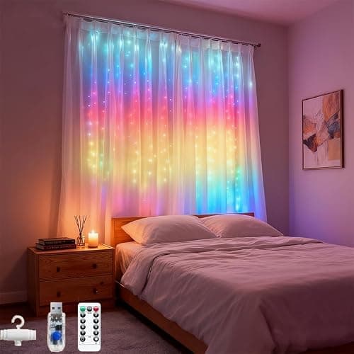 300LED Fairy Curtain Lights, 9.8x9.8Ft Warm White USB Plug in 8 Modes & Timer Christmas String Hanging Lights with Remote for Bedroom Indoor Outdoor Weddings Party Wall Decorations(rainbow) thumbnail 2