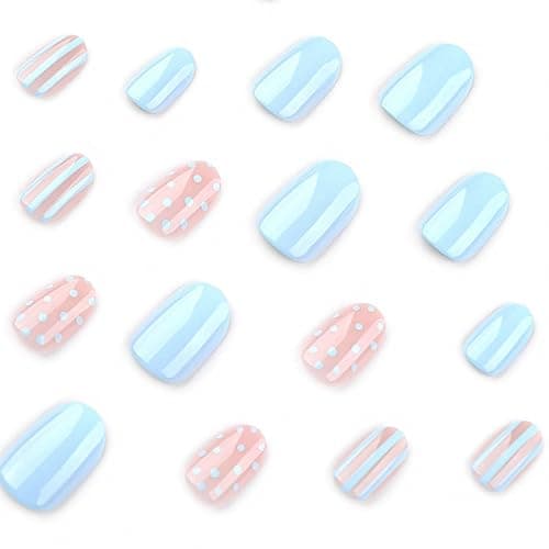 Foccna Press on Nails Polka Dots Short, Blue Fake Nails Acrylic False Nails,Artificial Nails for Girls 24pcs thumbnail 3