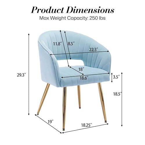 Homedraft Velvet Vanity Chair, Modern Home Office Desk Chair with Hollow Back, Upholstered Dining Chair with Gold Metal Legs, Comfy Accent Chair for Living Room Bedroom, Light Blue thumbnail 3