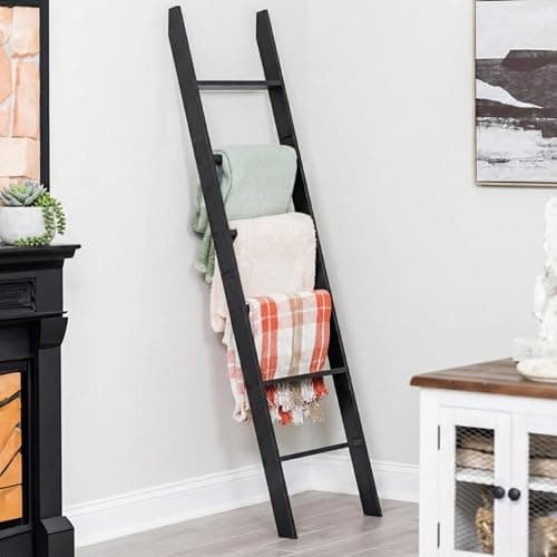 Blanket Ladder for the Living Room and Bedroom, Quilt Rack, 6-Tier, Black | 5ft 8 inch, Wall Leaning Blanket Holder, Laminate Snag Free, Rustic Decorative Farmhouse Ladder Shelf for Blankets - Image 1