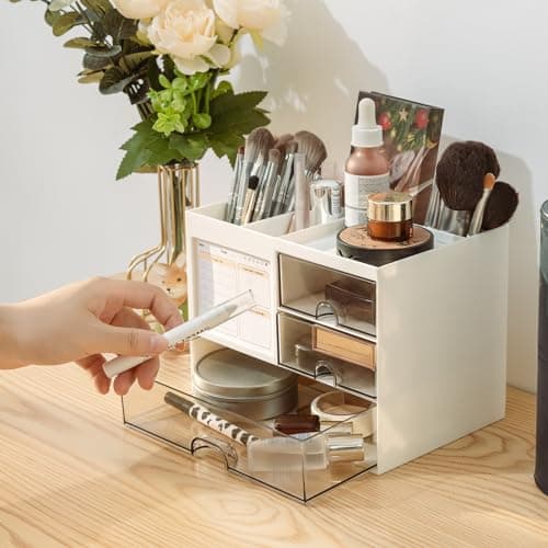 QIYVLOS Desk Organizer with 3 Drawer, Multi-Functional Pencil Pen Holder for Desk, Desk Organizers and Storage with 8 Compartments, Desktop Organizer for Office Home Art Supplies (White) thumbnail 5