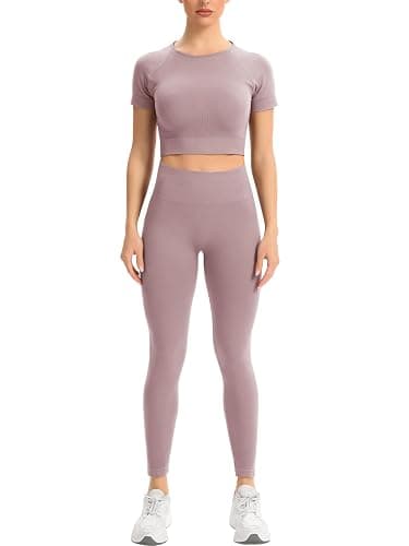2 Piece Short Sleeve Outfits for Women Seamless Crop Tops Set for Women Workout Set - Image 1