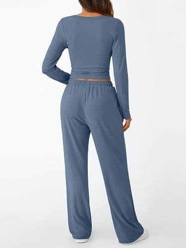 Trendy Queen Women's 2 Piece Matching Lounge Set Long Sleeve Side Ruching Top Wide Leg Drawstring Pants Set with Pockets thumbnail 4