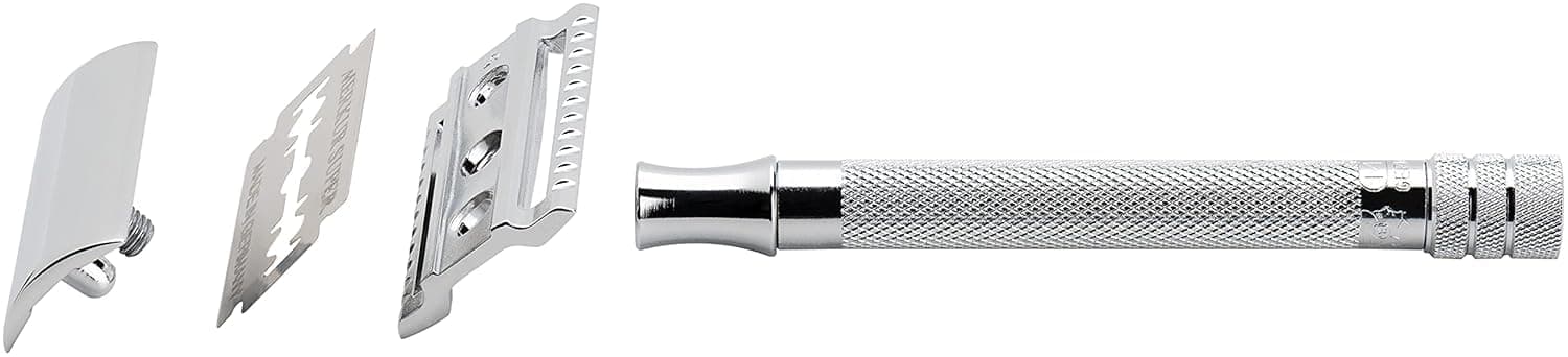 MERKUR 23C Double Edge Safety Razor - Polished Chrome, Long Knurled Brass Handle, Made in Germany, Plastic-Free, Three Piece Design, Closed Comb, Straight Bar thumbnail 3