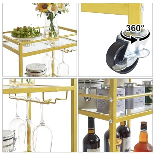 IBUYKE Home Bar Serving Cart,Small Bar Cart with 3-Tier Glass Shelf, Mobile Drink Shelf with Wine Holders and Glass Holders,Mini Bar for Outdoor, Small Space, Kitchen Gold TMJ519G thumbnail 4