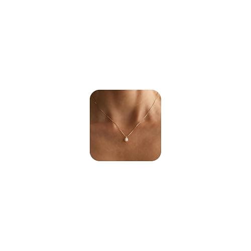 Pearl Necklaces for Women Trendy,Dainty Gold Necklace 14K Gold Plated Pearl Pendant Necklace Single Pearl Necklace Cute Choker Necklace Gold Lariat Necklace Simple Chain Necklace Bridal Gifts - Image 1