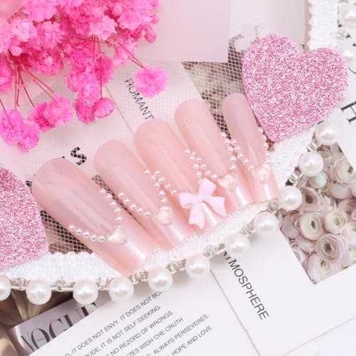 24Pcs Pink French Tip Press on Nails Long Square Fake Nails with 3D Bow Heart Glue on Nails Valentines False Nails Glossy Nude Pink Stick on Nails Cute Bow Acrylic Nails for Women Daily Wear Manicure thumbnail 3
