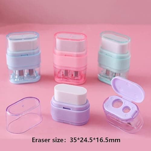 4 PCS Manual Pencil Sharpener with Eraser, Double Hole Multicolored Sharpener with Eraser Fun Stationery Back to School Supplies, Classroom Rewards, and Birthday Party Favors thumbnail 3