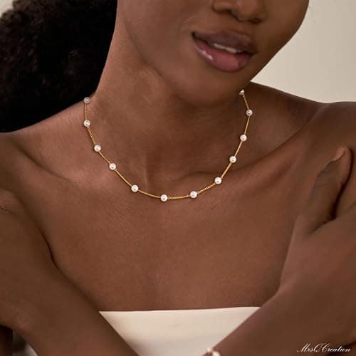 Sewyer Dainty Pearl Pendant Necklaces for Women 14K Gold Plated Handmade Layered Pearl Chain Necklace Delicate Layered Pearl Necklace Everyday Jewelry Gift thumbnail 3