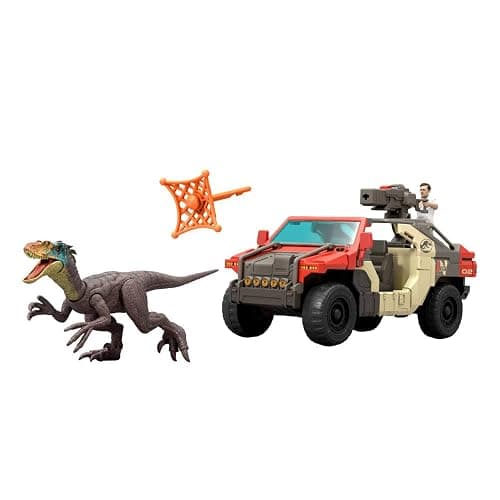 Mattel Jurassic World Rebirth Vehicle with 1 Human & 1 Dinosaur Figure, Launch ‘N Battle Truck, Martin Krebs Figure & Raptor, Turret & 2 Projectiles thumbnail 8