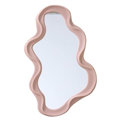 Mokoze Asymmetrical Wall-Mounted Mirror, Creative Unique Decorative Mirrors, Funky Wavy Mirror 16.14"x9.84" Irregular Border Pink Mirror for Bathroom Living Room Decoration - Image 1
