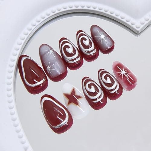 MouyouGlow Press on Nails Kurz,Almond Dunkel Rot Burgundy 3D Silber Kreis Chrome Sterne Mandel Design Fake Nails,Dark Wine Red Silver Wellenlinie Sommer Künstliche Fingernägel thumbnail 3