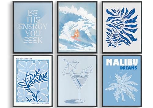 QIYFFBN 6Pcs Blue Coastal Surf Cowgirl Wall Art Vintage Flower Market Canvas Prints Girly Dorm Trendy Preppy Aesthetic Posters Light Blue Cocktail Glass Pictures Wall Decor Unframed (12x16in x6Pcs) - blue - 12x16in Unframed - Image 1