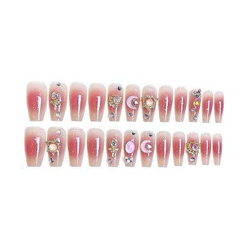 RikView Long Press on Nails Pink Fake Nails with 3D Design Coffin Nails Glossy Full Cover Nails for Women 24 PCs/Set thumbnail 5