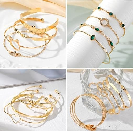 17VKL Gold Bangle Bracelets for Women, 14k Gold Plated Multi Layer Stackable Cuff Bracelets Set, Personalized Boho Non Tarnish Adjustable Bangle Jewelry Gift for Her thumbnail 3