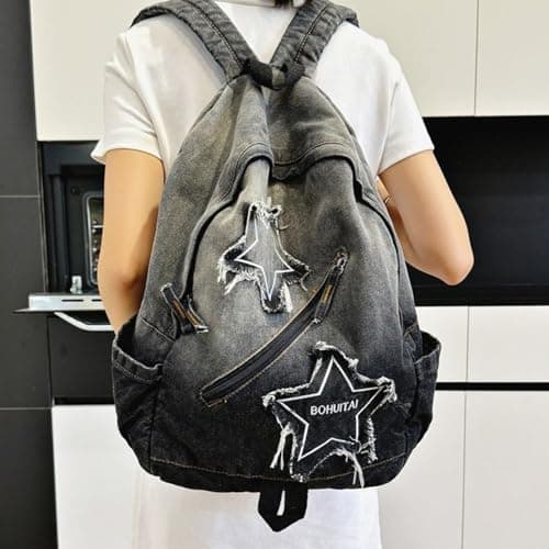 BLUEGALA Y2K Star Backpack,Grunge Goth Denim Bookbag,Punk Emo Backpack for Men and Women, Unique Gothic Fashion Backpack for Daily Use (Black) thumbnail 4