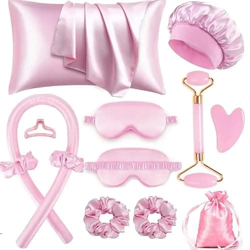 XINYUNXIN 12PCS Heatless Curls Overnight Set, Heatless Curling Set for All Hair Types, Satin No Heat Hair Rollers with Scrunchies & Clips - Safe & Comfortable to Sleep in for Natural Waves(Pink) - Image 1