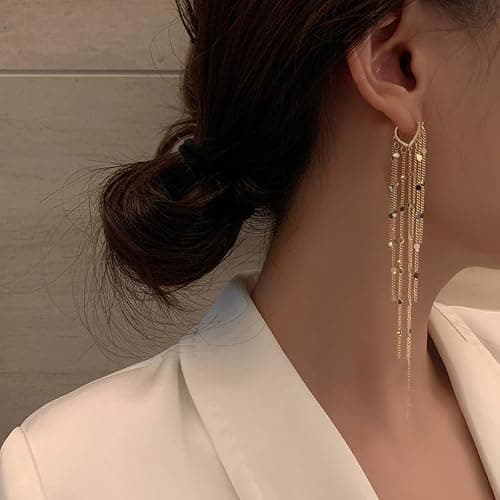 Gold Dangle Earrings for Women 14K Plated Long Tassel Earring | Gold Chain Dangling Earrings Trendy Drop Prom Earring Lightweight Statement Earrings Party Jewelry thumbnail 7