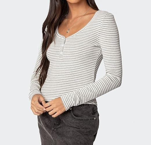 Women Striped Long Sleeve Shirt V Neck Button Up Casual Basic Y2K Slim Fitted Crop Tops thumbnail 5