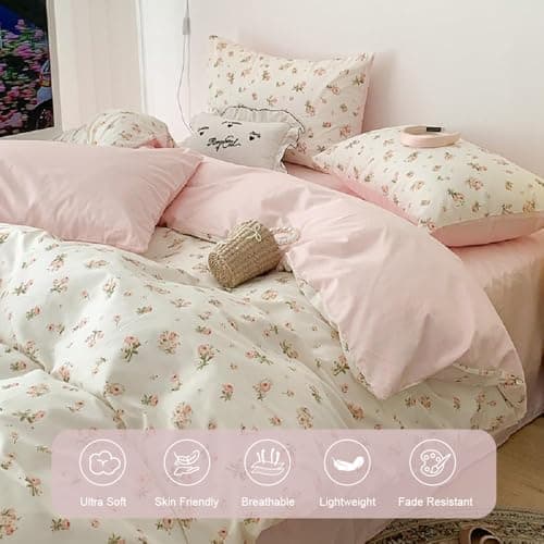 Erwinmu Floral Duvet Cover Set Twin Size,Pink Floral Flowers Bedding Duvet Cover with Zipper Closure,Reversible Comforter Duvet Cover and 1 Pillowcase thumbnail 4