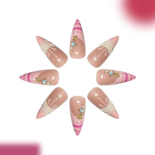 Almond Press on Nails Long Glue on Nail with 5D Rhinestones Flower Design Glossy Waterdrop Shell Acrylic Nails Reusable Ombre French Tips Fake Nails Stiletto Gold Star Nail for Women Manicure 24Pcs thumbnail 3