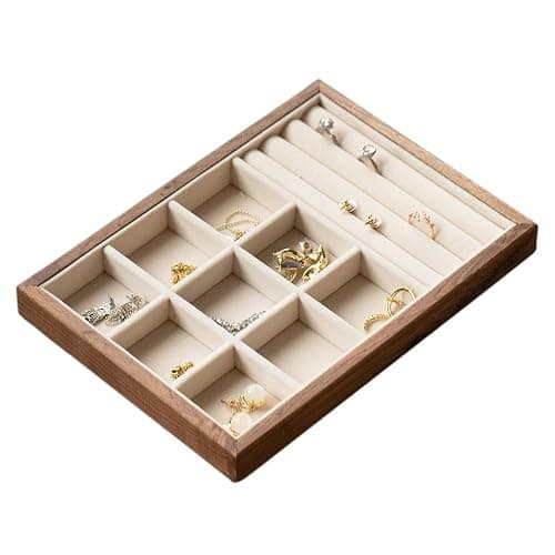 MIGAKU HOME 9 Grid +3 Line Black Walnut Wooden Jewelry Tray Organizer with Velvet Lining - Premium Jewelry Storage for Rings, Earrings, Brooches, LuxuryJewelry Drawer Organizer & Display Tray - Image 1