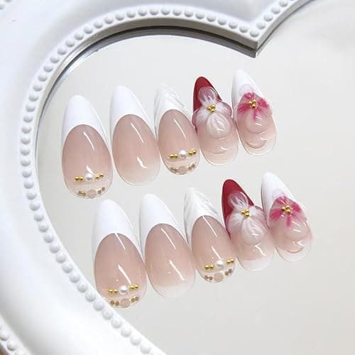 Flower Press on Nails White French Tip Fake Nails Medium Almond False Nails with Pearl Design 5D Floral Glue on Nails Glossy Artificial Acrylic Full Cover Spring Stick on Nail for Women Manicure thumbnail 3